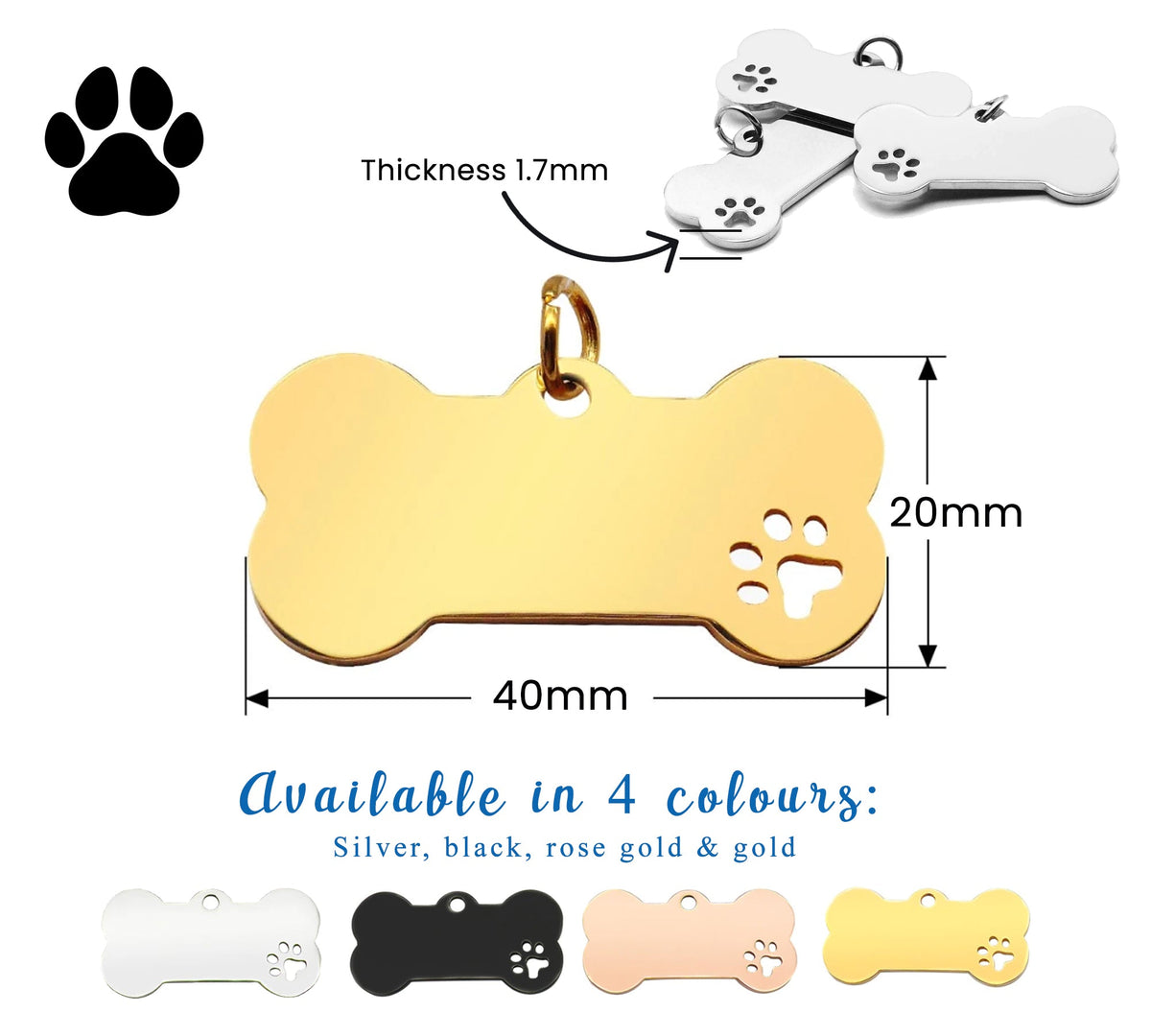 Personalised Bone & Paw Pet ID Tag - Engraved Both Sides